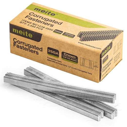 meite Corrugated Fasteners MC1238, 1/2-Inch Crown, 3/8" Length, 3,500 PCS | 25 Gauge Corrugated Staples, W Staples, for Pneumatic Corrugated Tools, for Woodworking Projects