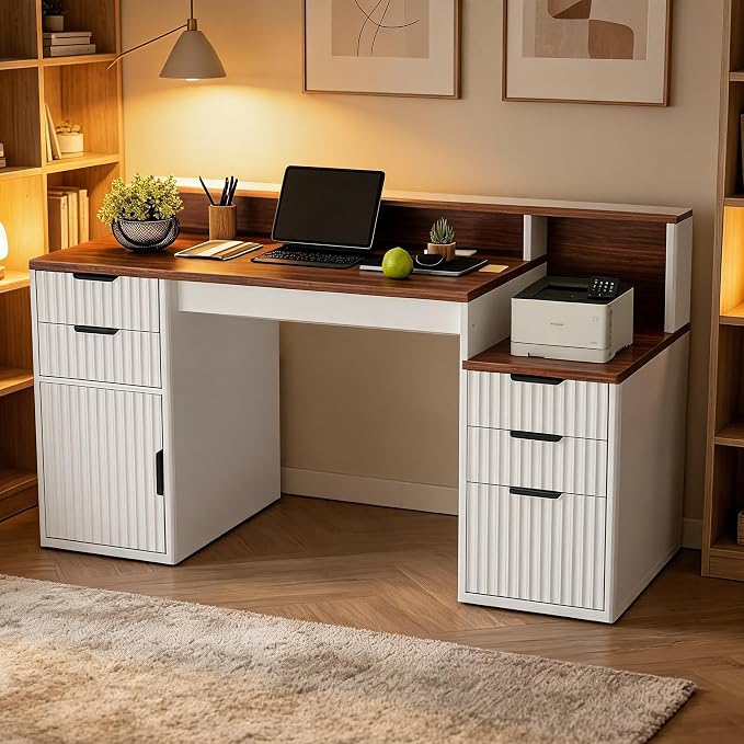 Rectangular Computer Desk with Hutch & Printer Stand, Ripple Door Storage Home Office Desk, Space-Saving Study Writing Desk for Bedroom, Sturdy Board Student Desk with Easy Assembly, Brown & White