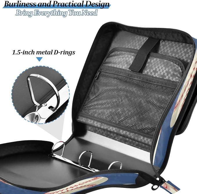 ALAZA Zipper Binder 3 Ring Baseball Sport Binder Organizer with Zipper and Shoulder Strap Large Capacity Multi-Pocket Trapper Keeper File Folder for Office Supplies