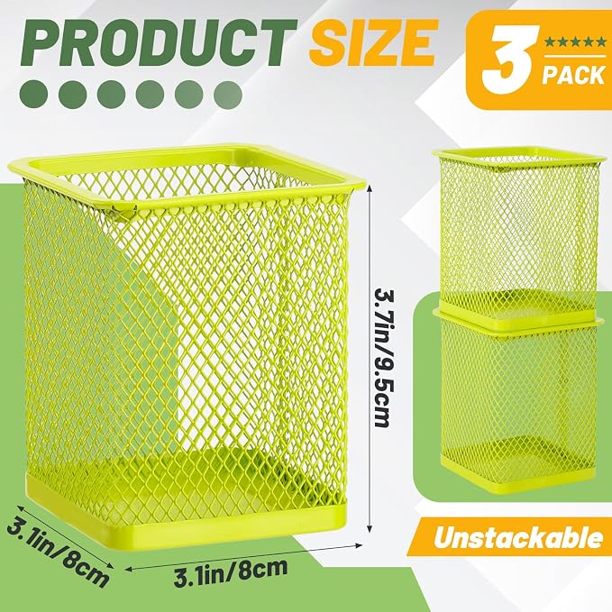 Segarty Pen Cup Holder, 3 Pack Square Light Green Pen Holder for Desk, Cute Mesh Pencil Cups Container Set Desktop Organizer for Office Supplies, School Classroom, Home Storgae and Organization