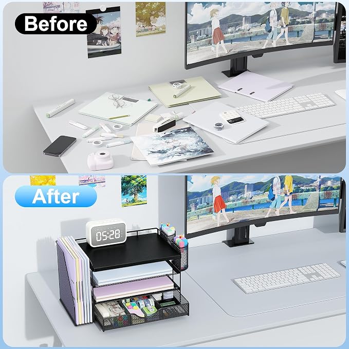 gianotter Wood Desk Organizers and Accessories with File Holder, 4-Tier Desk Accessories & Workspace Organizers with Drawer and 2 Pen Holder, Desk Reference Organizer (Black, 4T with Metal Drawer)