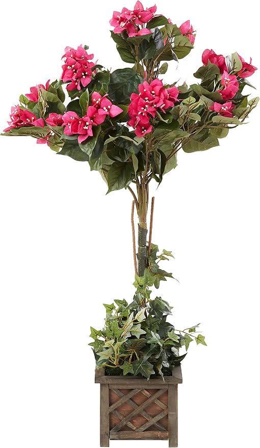 Nearly Natural 34 in Artificial Bougainvillea Topiary with Wood Box | Lifelike Pink Blooms, Maintenance-Free Lush Greenery, Rustic Decorative Wood Box, Indoor Home and Office Accents