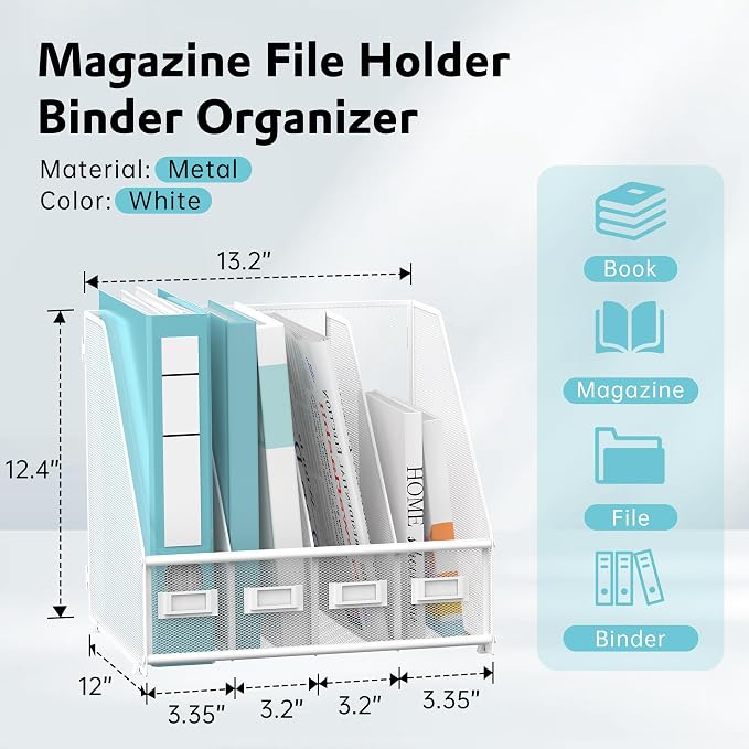 4-Compartment Magazine File Holder and File Organizer for Desk, White | Metal Magazine Holder and Magazine File Holder, 4-Compartment File Organizer for Binders Folders Magazines and Paper