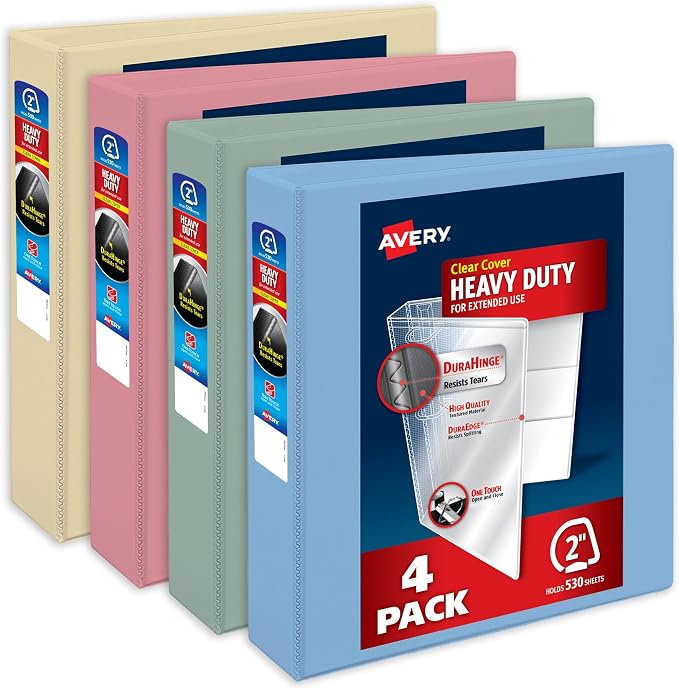 Avery Heavy-Duty View 3 Ring Binders, 2", 4 Assorted Pastel Binders | For Heavy School, Home and Office Use, DuraHinge Tear-Resistant Spine, DuraEdge Split-Resistant Sides, Interior Pockets