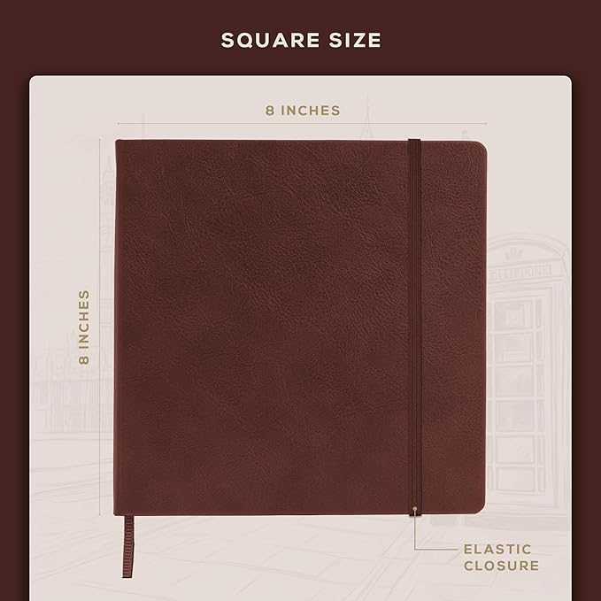 Beechmore Books Square Sketchbook – 8x8 Premium Vegan Leather Bound Large Sketch Book Hardcover with 156 Thick 160gsm Perforated Ivory Pages, Blank Sketch Pad, Gift Boxed Back Pocket, Ribbon Bookmark
