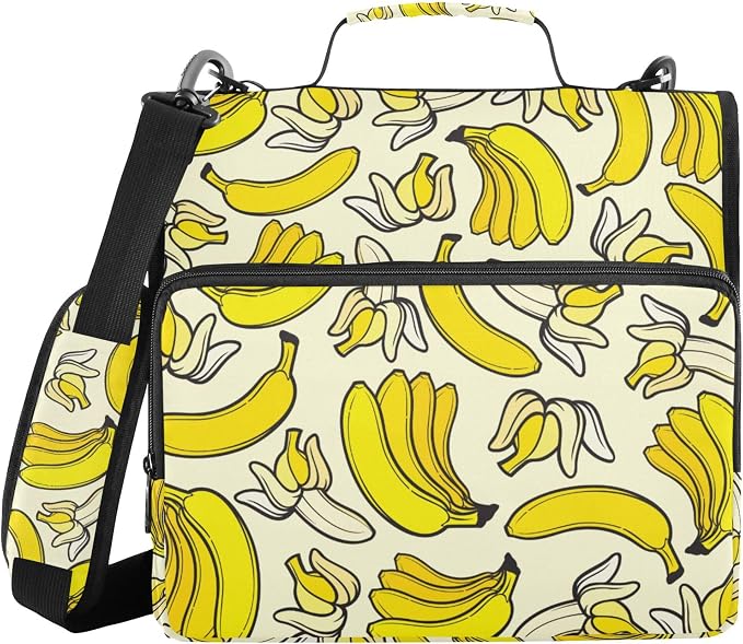Fisyme Yellow Banana Zipper Binder 3 Ring with Zipper and Shoulder Strap Large Capacity Multi-Pocket Zipper Binder Organizer