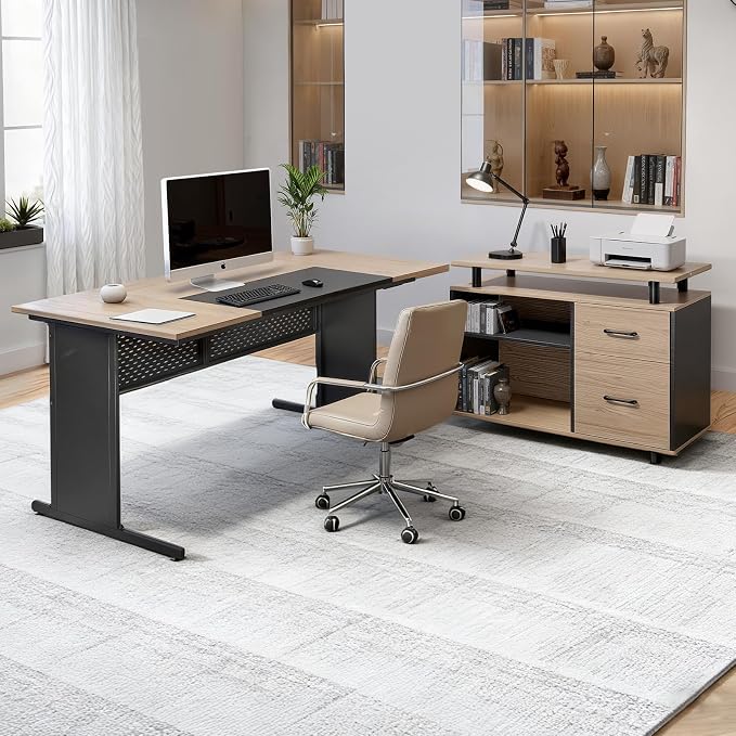 VEVOR 63" L-Shaped Executive Desk, Large Office Desk with Drawers, File Storage Cabinet, Detachable 350 LBS Load Capacity Corner Table, Easy Assembly, Business Furniture Workstation for Home Office