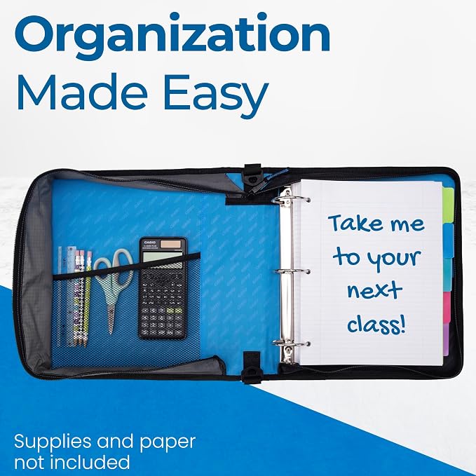 Case-it School Zipper Binder | 2" O-Rings | 350-Sheet | D-251 Denim Blue | Classic, Multiple Storage Pockets, Shoulder Strap, School & Office Organizer