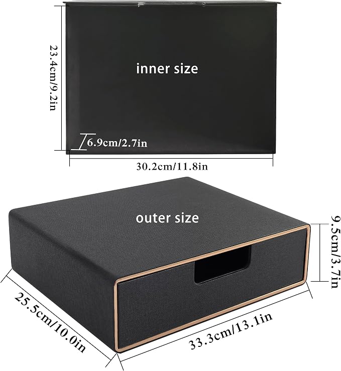 Stackable Organizer Drawer PU Leather Classic Handmade,Organize Home Office Desk Accessories and Sort Letter-Size Paper/a4 Document,Desk Caddy with Drawers Storage Box,13.1x10x3.7inches,Black