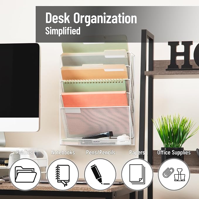 Mind Reader 5-Pocket Vertical File Storage, Desktop Organizer, Wall Mount, Office, Metal Mesh,White