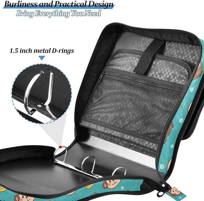 Custom Cartoon Animals Teal Print 3 Ring Zipper Binder with Shoulder Strap & Handle 1.5 Inch D-Ring Zippered Bag with Multiple Pocket, Personalized Binder Organizer for School or Office