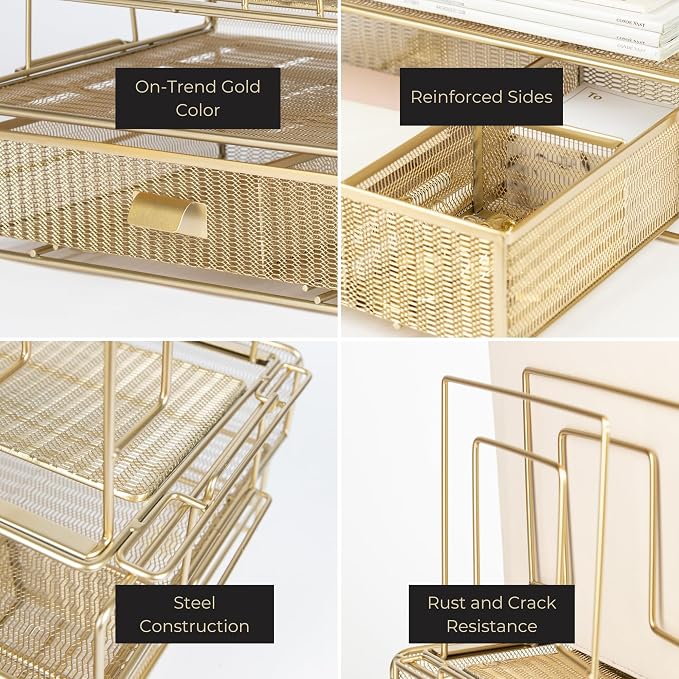 BLU MONACO | Gold Desk Organizer Set with Detachable File Organizer, Stackable Paper Tray & Storage Drawer | Stylish Gold Desk Accessories for Women & Office Organization