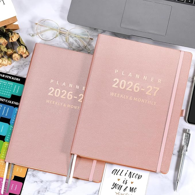 Planner 2026-2027 - Jul 2026 - Jun 2027, 8.5" x 11" 2026-2027 Planner Weekly and Monthly, Faux Leather Cover, Pen Holder, Pocket, 25 Notes Pages, A4 Premium Paper - Pink