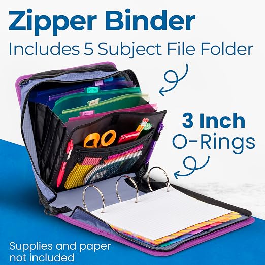 Case-it Zipper Binder | 3-Inch O-Rings | 600-Sheet | D-146 Morning Flowers | Mighty Zip Tab, 5-Subject Expanding File Folder, Multiple Pockets, Storage Organizer, Shoulder Strap, School & Office