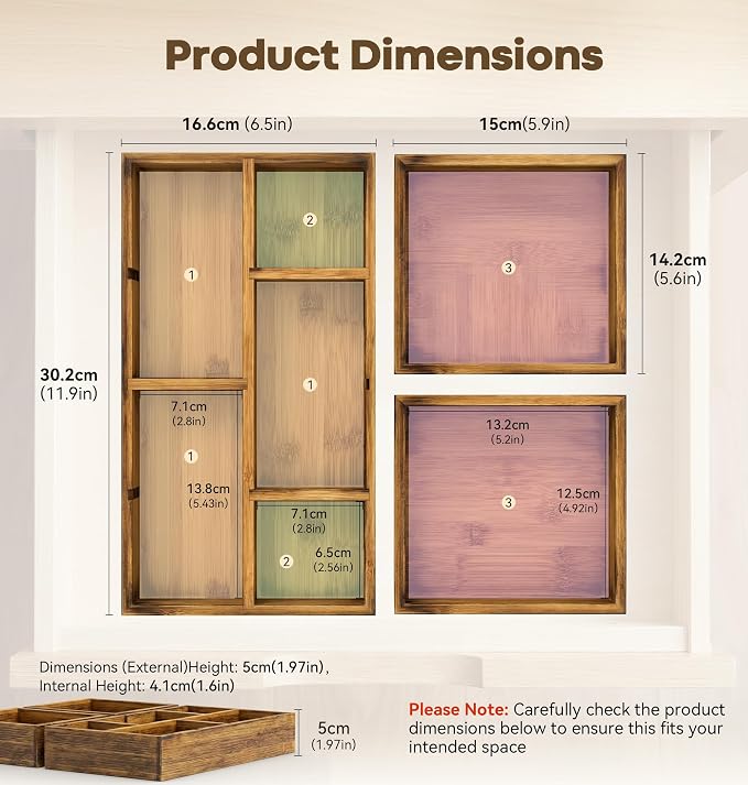KOCWELL Bamboo Desk Drawer Organizer with Removable Dividers,Multi-Use Office Drawer Organizer Tray,Junk Drawer Organizers for Office,School,Kitchen,Makeup Supply（Carbon Brown）