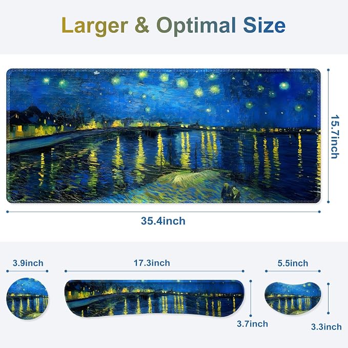 Large Gaming Mouse Pad Set, 4 in 1 Ergonomics Keyboard Desk Mat Memory Foam Wrist Rest, Computer Extended Game Mousepad, Non-Slip Desk Matt Easy Typing Pain Relief I Starry Night Over The Rhone