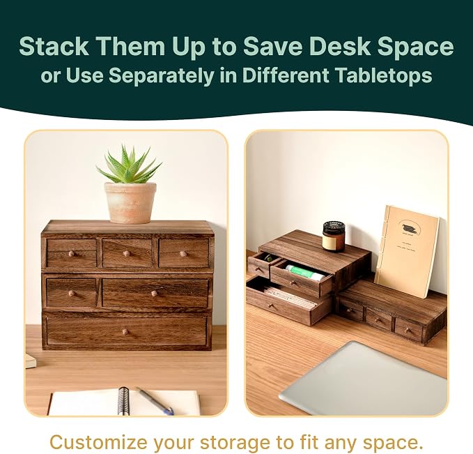Stackable 3-Piece Set - Wood Desk Organizer with Drawers – Desktop Organization for Office, Crafts, Makeup, Sewing, Emboridery DMC Floss & Small Accessories – Rustic Storage Box with 6 Slots