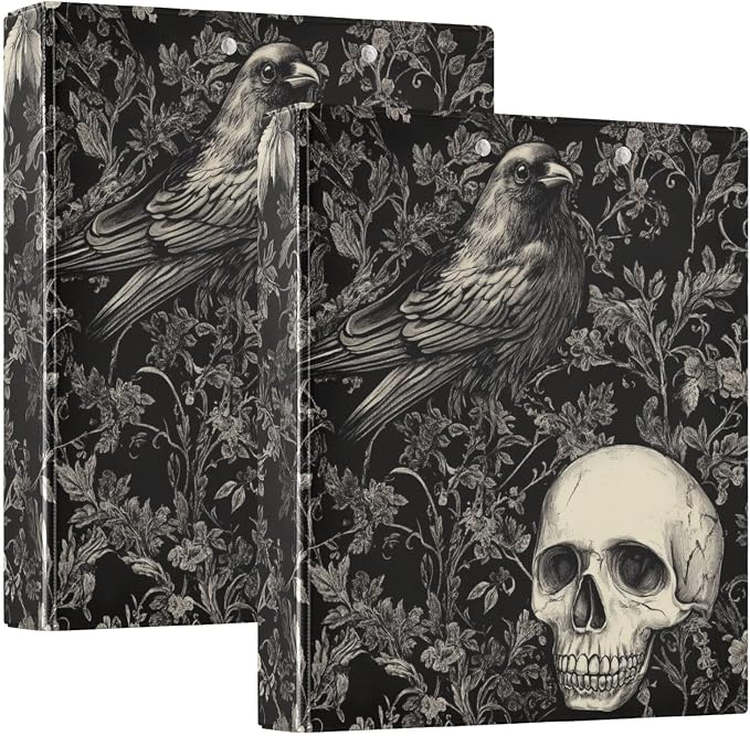 Gothic Skull with Crow Goth Black Binder 1.5 Inch Binder with Clipboard&Pockets, Hardcover Binders 3 Ring, Heavy Duty Large File Folder for Office School Supplies - Holds 200 Sheets