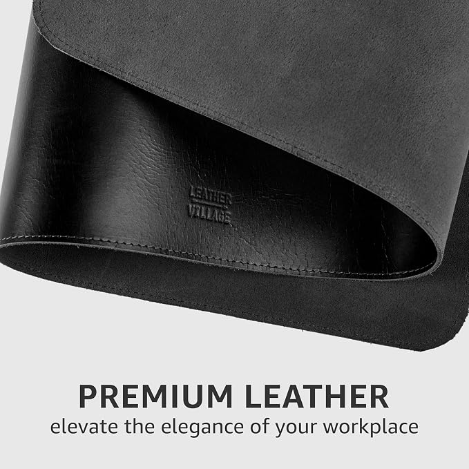 LEATHER VILLAGE Real Leather Desk Pad 3mm Thick Double Layer Desk Mat Black | 32''x16'', Cover Blotter Large Full Grain Protector for Keyboard, Mouse & Laptop, Office Table Mat & Desktop Accessories