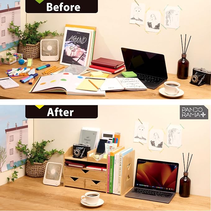 Pandorama Bamboo Desk Organizer Large - A4 Drawers & Adjustable File Holder, Fully Assembled Wood Desktop Storage for Kitchen, Bedroom, Bathroom, Study Room