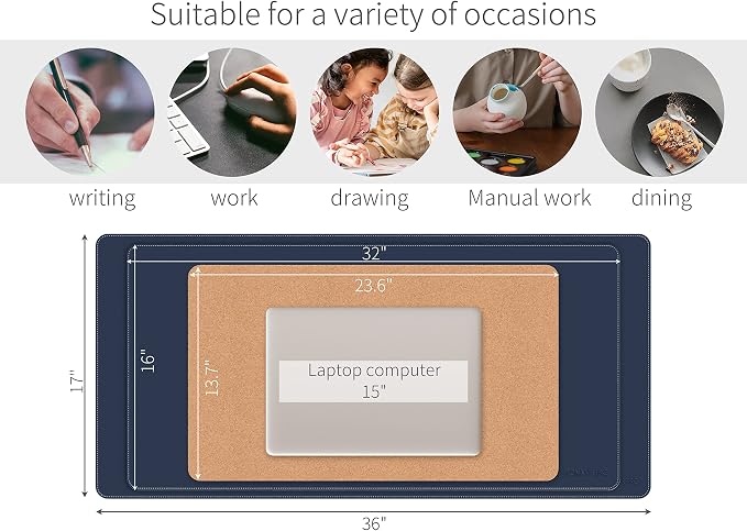 RENMTURE Dual-Sided Mouse Pad, Natural Cork & PU Leather Large Desk Pad for Office and Home Work, Desk Protector Non-Slip, Waterproof, Easy Clean (Dark Blue, 32"x16")