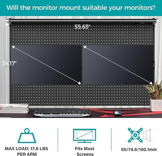 EUREKA ERGONOMIC Desk Pegboard Dual Monitor Stand 59x34 Black | Large steel pegboard with dual monitor stands, LED lighting, privacy panel and modular accessories for gaming desks