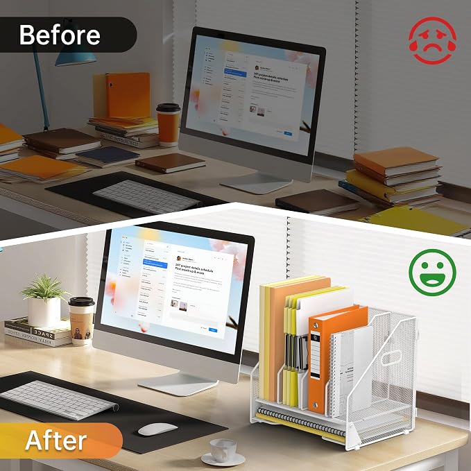 Docnest Mesh Desk File Organizer, 4 Vertical Compartment Box Sorter, White | Features 3 removable middle dividers for custom spacing and a bottom letter tray to hold paper, mail, and documents