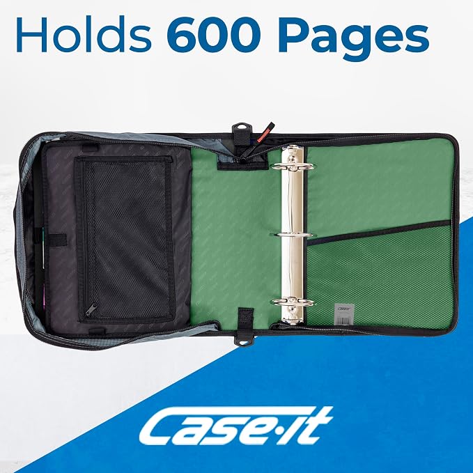 Case-it School Zipper Binder | 3" O-Rings | 600-Sheet | D-146 Canopy Green | Mighty Zip Tab, 5-Subject Expanding File Folder, Multiple Pockets, Storage Organizer, Shoulder Strap, Office