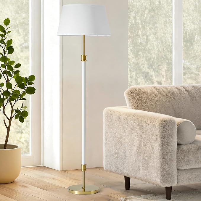 Modern Mid Century Floor Lamp with Soft Linen Shade, 63” Tall White & Brass Standing Lamp, Weighted Base, Warm Ambient Light for Living Room, Bedroom & Reading Corners (White & Gold)