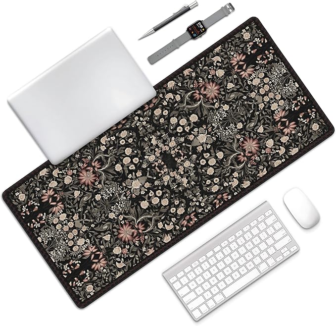 Floral Aesthetic Wildflower Gaming Mouse Pad, Black Rug Desk Mat with Anti-Slip Base & Stitched Edges,35.4" x 15.7" in Desk Accessories for Women, Home Office Decor & Artistic Gift