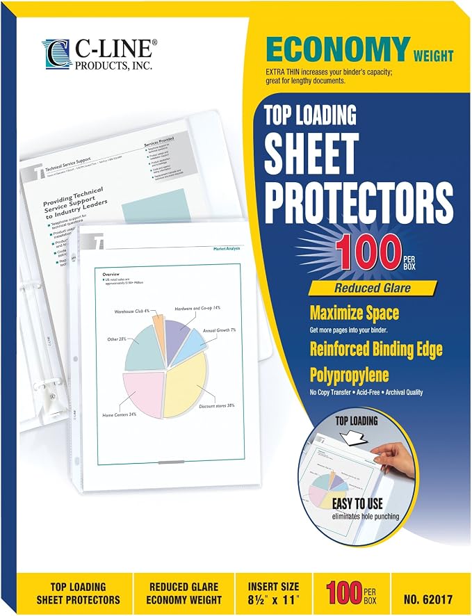 C-Line Top Loading Economy Weight Poly Sheet Protectors, Reduced Glare, 8.5 x 11 Inches, 100 per Box (62017)