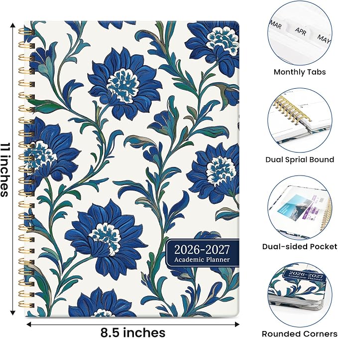 Planner 2026-2027, Academic Year Monthly & Weekly Planner Caledndar, July 2026 - June 2027, Hardcover Large Planning Agenda Book with Tabs for School Office Supplies, 8.5" x 11" - Cobalt Florals