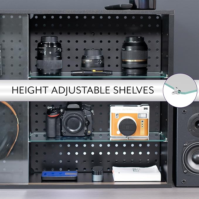 Pegboard Cabinet with Glass Door, Wall Mounted or Freestanding Storage Display Case, Black, LF-GDPC1
