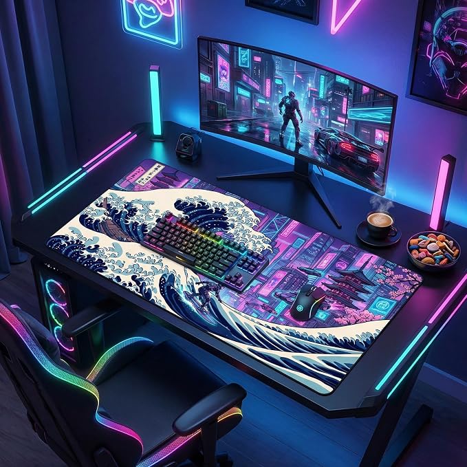 XXL Gaming Mouse Pad 31.5x15.7 Inch,Cyberpunk Neon Japanese Wave Desk Mat | Cyberpunk Japanese Wave Art Extended Mousepad with Water-Resistant Non-Slip Rubber Base,Large Desk Pad for Gaming,Office