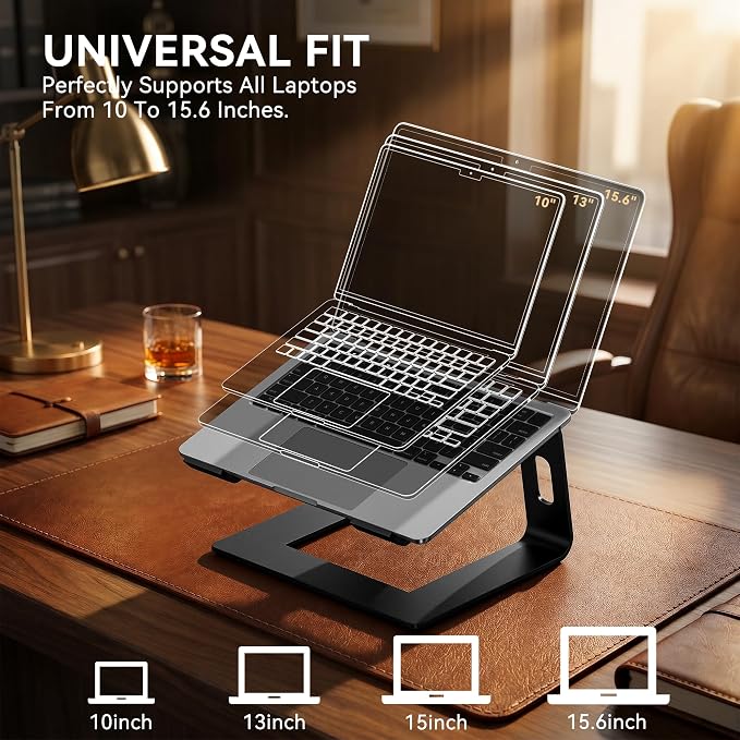 SOUNDANCE Laptop Stand, Aluminum Computer Riser, Ergonomic Laptops Elevator for Desk, Metal Holder Compatible with 10 to 15.6 Inches Notebook Computer, Black