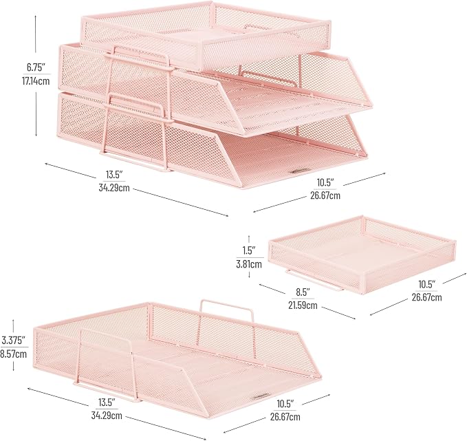 Mind Reader 2 Tier Paper Tray with Top Supply Compartment, Desktop File Organizer, Metal Mesh, Pink