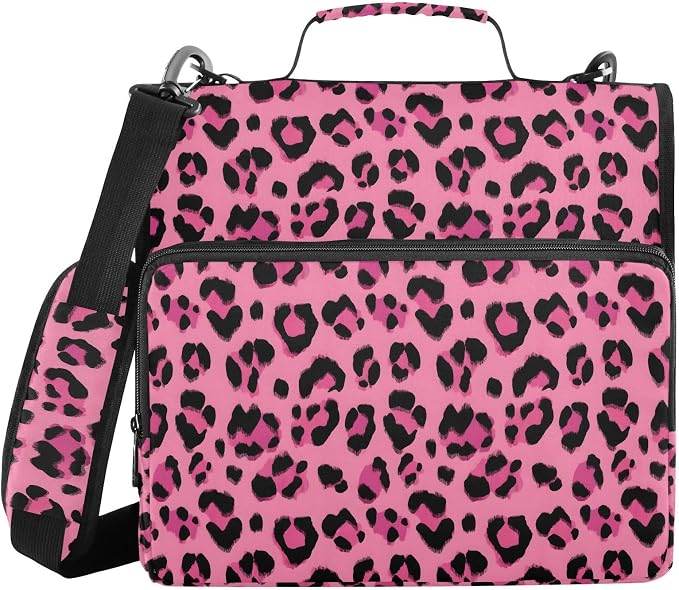 Hot Pink Black Leopard Print 3 Ring Binder Bag 1.5 inch Binder Organizer with Zipper Shoulder Strap 500 Sheet Documents Storage for School Office