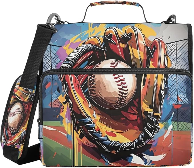 ALAZA Zipper Binder 3 Ring Baseball with Baseball Glove Binder Organizer with Zipper and Shoulder Strap Large Capacity Multi-Pocket Trapper Keeper File Folder for Office Supplies