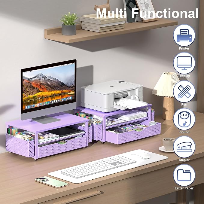 Spacrea Desk Organizer and Accessories, Computer Monitor Stand Riser with Drawer and 2 Pen Holders, Office Desk Accessories & Workspace Organizers for Office Supplies (Purple)