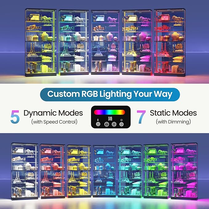 Lvifur 10-Tier Glass Display Cabinet with RGB Light and Motion Sensor,Black | 71''H Lockable Curio Cabinet with Glass Doors,China Cabinets with Removable Shelves for Collectibles,Lighted Showcase