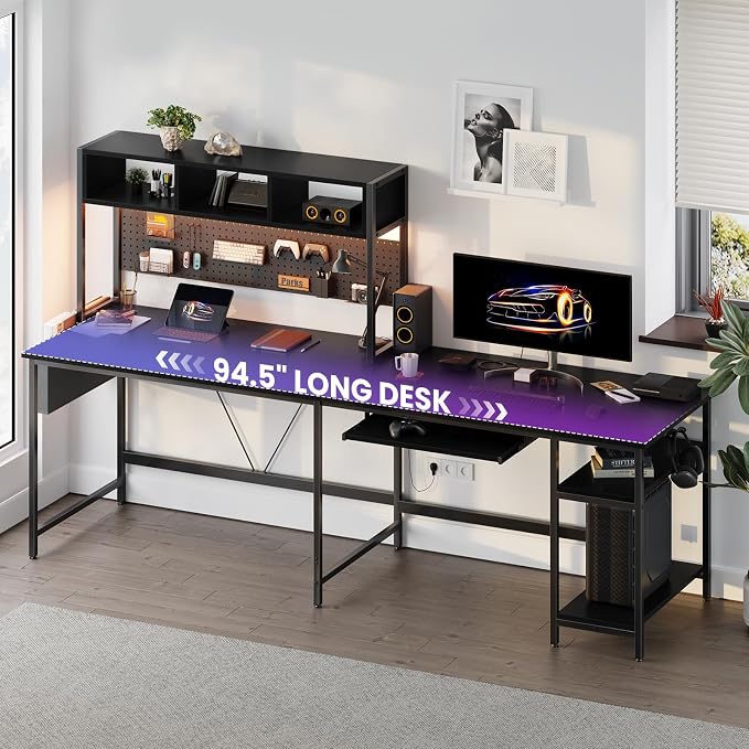 DUMOS 67" L Shaped Gaming Desk, Reversible Computer Desks with LED Lighting | Corner Desk for Compact Spaces, Keyboard Tray & Storage Shelf, Home Office, Black