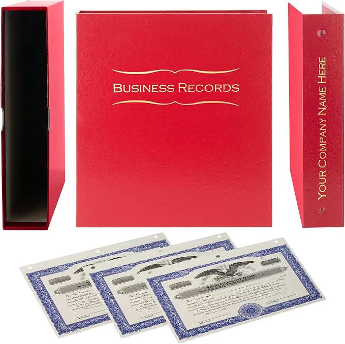 Business Records Corporate Kit (Red) - Binder, Slipcase, Minutes & Bylaws, Stock Certificates with Stubs & Customizable Index Tabs