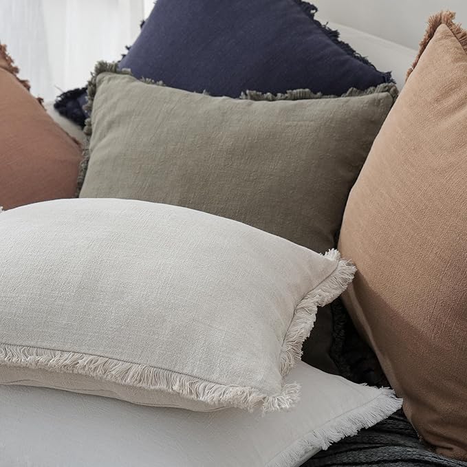 Foindtower Set of 2 Decorative Linen Fringe Throw Pillow Covers Cozy Boho Farmhouse Cushion Cover with Tassels Soft Accent Pillowcase for Couch Sofa Bed Living Room Home Decor, 22×22 Inch, Beige