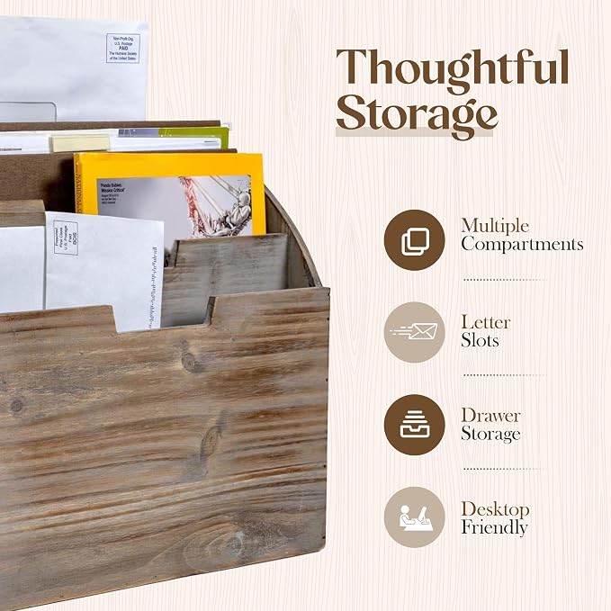Besti Wooden Desk Organizers for Office & Home Use – 12.8 x 5 x 12 Inch Vintage File Stand – Vertical Desktop File Folder Organizer – Durable File Shelf – Ideal for Files, Folders, Envelopes, Mail