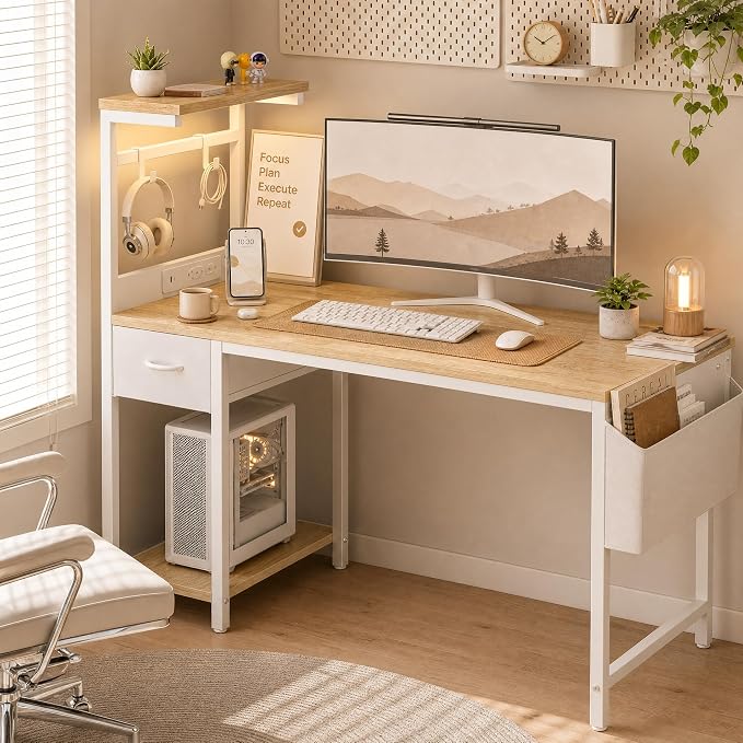 Grandder Computer Desk 40 Inch with Power Outlet and LED Light Oak | Gaming Desk with Reversible Shelves and Storage Drawer, Pc Small Desk for Home Office Table with Bag
