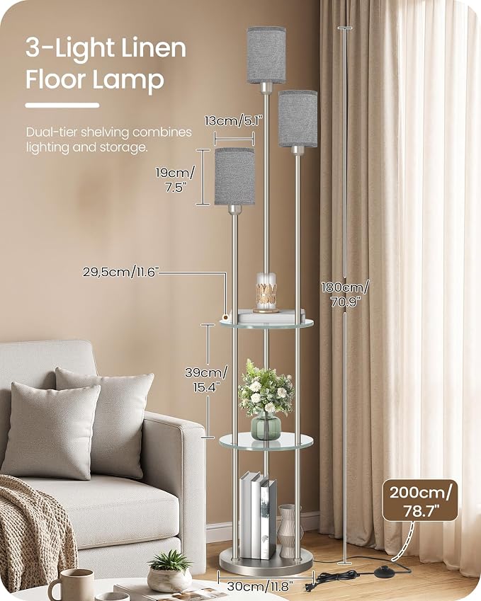 70.9" Floor Lamp with Shelves, for Living Room, 3-Tier Tall Lamp | Modern Shelf Floor Lamp with Foot Switch, 3-Light Standing Lamp, for Bedroom, Study, Office, Silver and Gray HSN53LD05