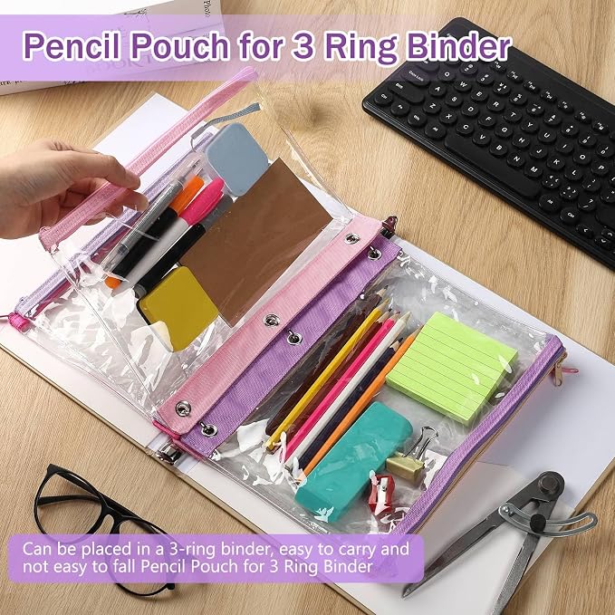 24 Pack Pencil Pouches for 3 Ring Binder Bulk Enlarge Clear Window Pencil Pouches Zipper Pen Case 3 Reinforced Grommet Pen Bag for Binder Utensil Organize Office Supplies(Pink Purple Colors)