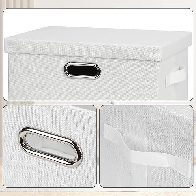 Graciadeco Medium 15" 21 Quart Collapsible Stackable Storage Bins with Lids, 5 Packs White Foldable Fabric Closet Storage Boxes with Lids, Lidded Heavy-duty Linen Baskets(15x11x8)