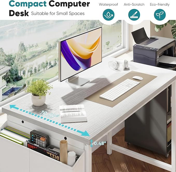 OLIXIS Computer Desk, 44 Inch Gaming Desks for Home Office Small Spaces | Writing Study Craft Work Table, Computer Workstation for Bedroom with Storage Bag, All White