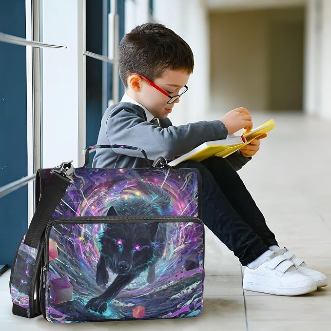 Black Wolf Purple Eyes Galaxy Zipper Binder Bag 3 Ring Binder with Shoulder Strap Zip Up 500 Sheets Capacity Multi Pockets for School Office Supplies